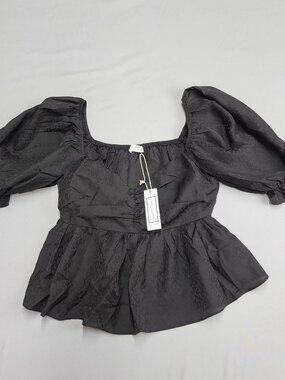 Shop Neighbor By In the Beginning L Black Peplum Blouse Ruched Puff Sleeve